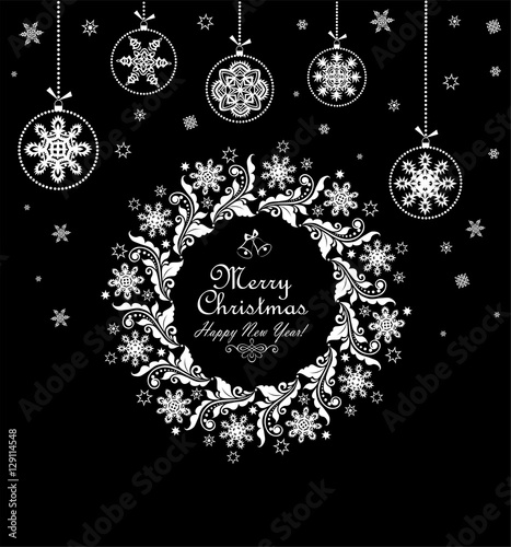 Vintage xmas black and white card with christmas wreath and hanging baubles
