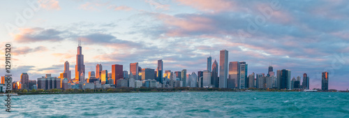 Downtown chicago skyline at sunset photo