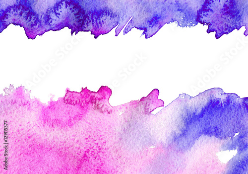 Pink and violet watery frame.Abstract watercolor hand drawn image.Gradient splash.White background.