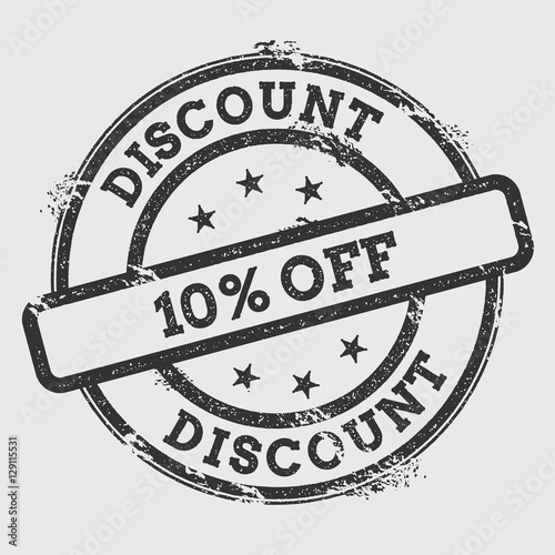 Discount 10% off rubber stamp isolated on white background. Grunge round seal with text, ink texture and splatter and blots, vector illustration.