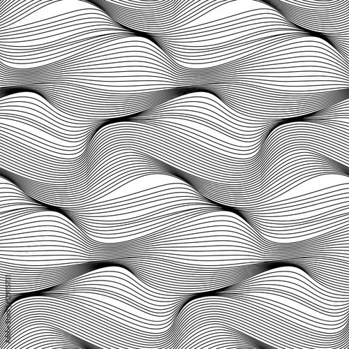 Abstract vector seamless moire pattern with waving curling lines. Monochrome  graphic black and white ornament. Striped repeating texture.