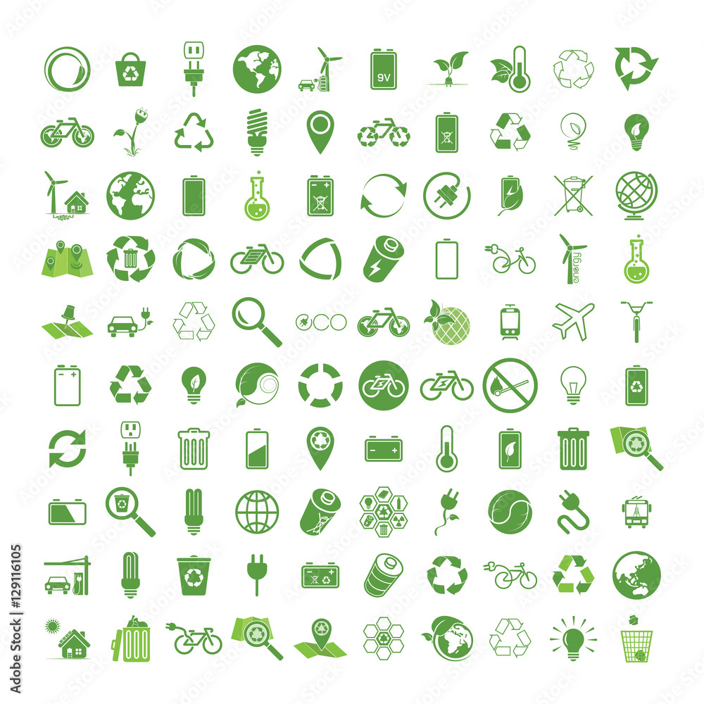 100 ecology & nature green icons set on white background. Vector