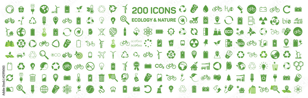200 ecology & nature green icons set on white background. Vector - obrazy, fototapety, plakaty 