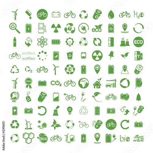 100 ecology & nature green icons set on white background. Vector