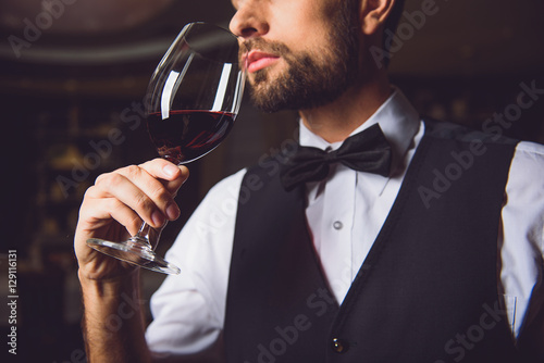 Concentrated sommelier inhaling race of wine photo
