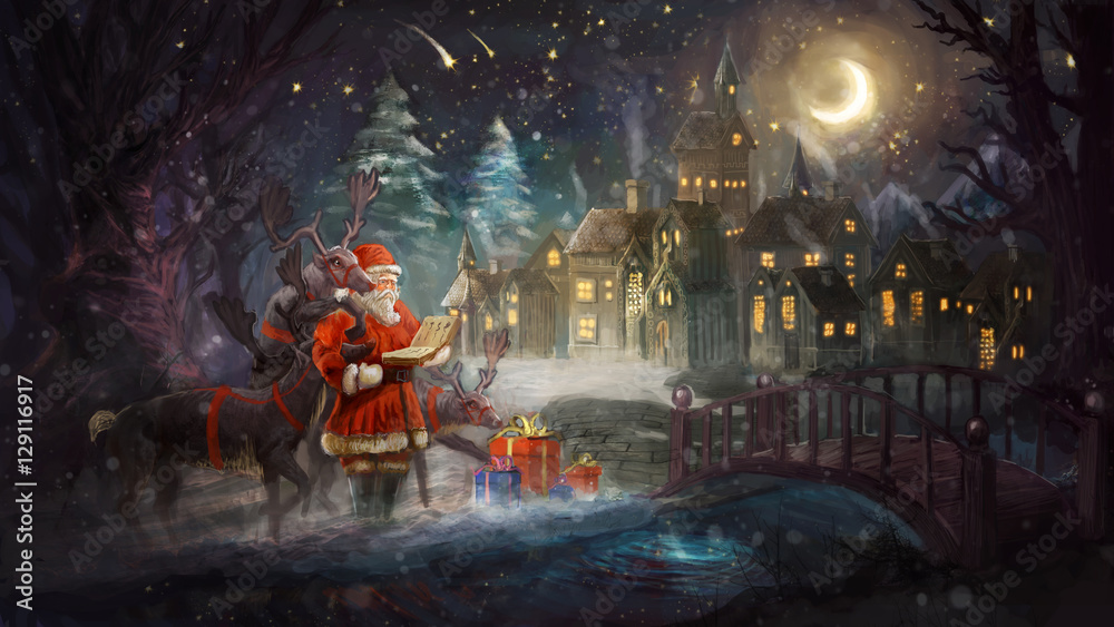 Santa and his rain dears checking gifts 