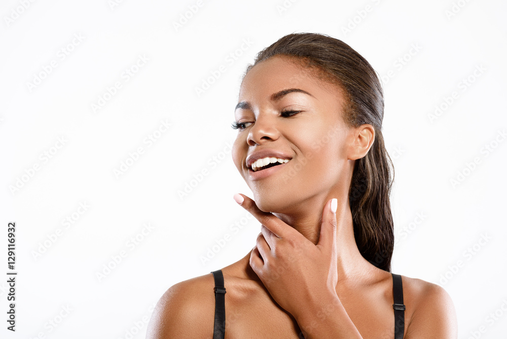 Smiley young woman is interested in something Smiley young woman is interested in something