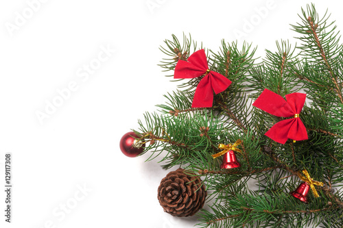 branch of Christmas tree with short needles decorated bells and bows isolated on white background