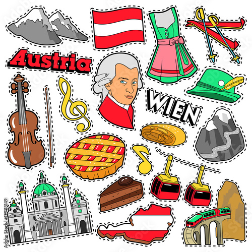 Austria Travel Scrapbook Stickers, Patches, Badges for Prints with Alps, Cake and Austrian Elements. Comic Style Vector Doodle