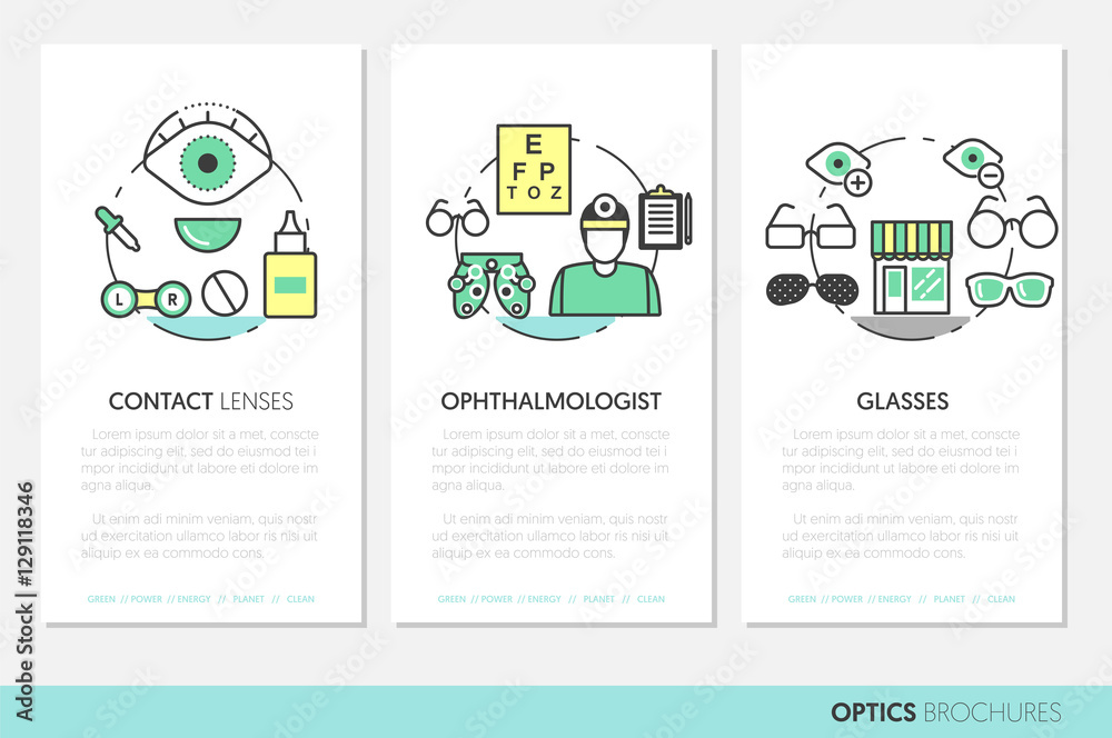 Optician Thin Line Vector Brochures and Business Cards Set with Optometry Technology and Eyeglasses Optician Thin Line Vector Brochures and Business Cards Set with Optometry Technology and Eyeglasses