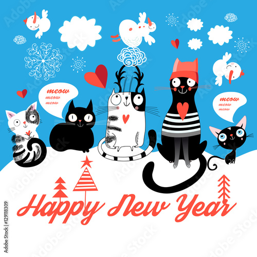Christmas card with cheerful cats