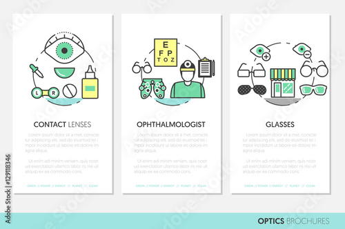 Optician Thin Line Vector Brochures and Business Cards Set with Optometry Technology and Eyeglasses