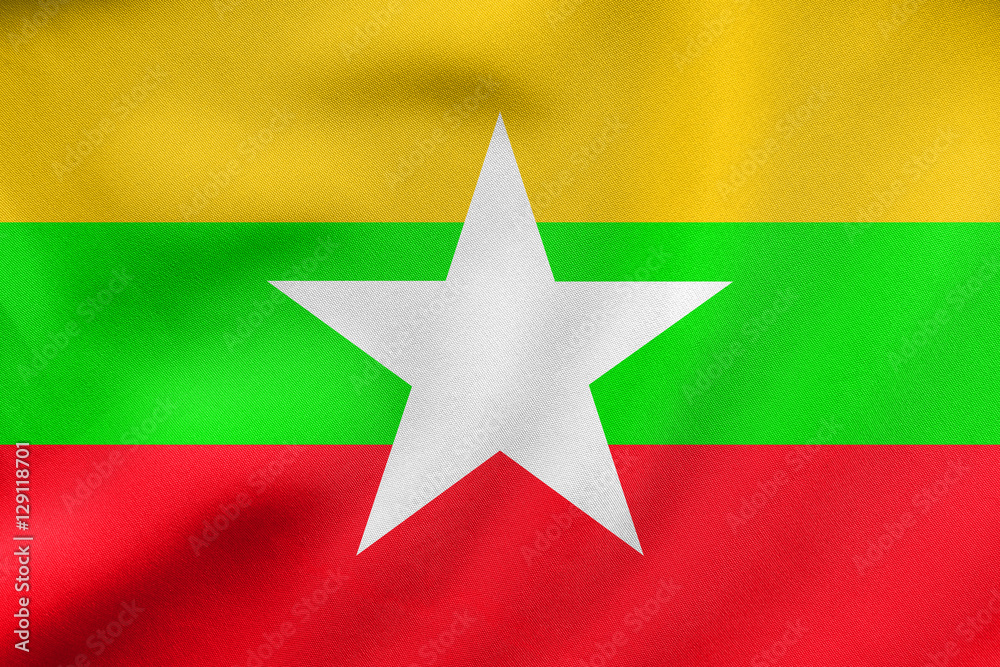 Flag of Myanmar waving, real fabric texture