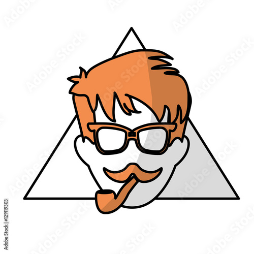 man face with mustache and glasses over triangular frame and white background. hispter style concept. colorful design. vector illustration
