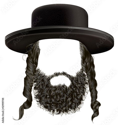 black  hair sidelocks with beard . mask wig jew hassid in hat 