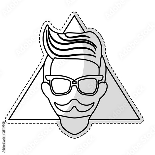 sticker of man face with mustache and glasses over triangular frame and white background. hispter style concept. vector illustration