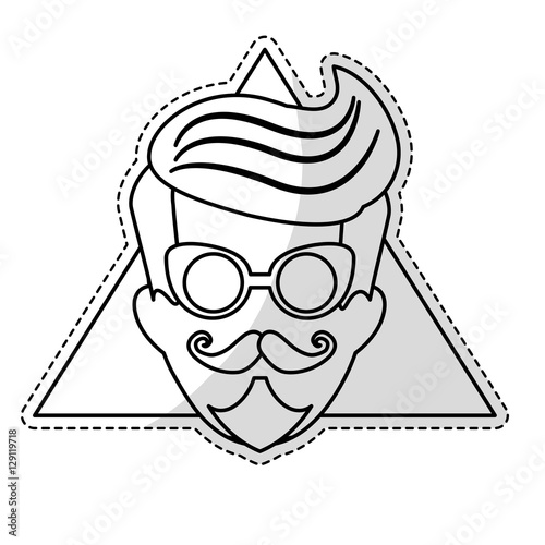 sticker of man face with mustache and glasses over triangular frame and white background. hispter style concept. vector illustration