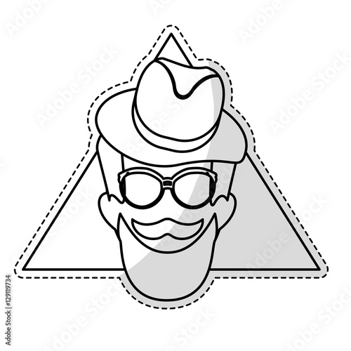 sticker of man face with mustache and glasses over triangular frame and white background. hispter style concept. vector illustration