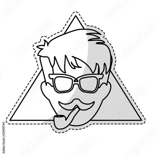 sticker of man face with mustache and glasses over triangular frame and white background. hispter style concept. vector illustration