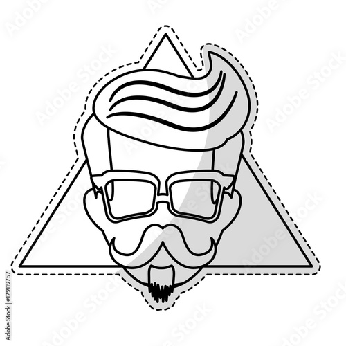 sticker of man face with mustache and glasses over triangular frame and white background. hispter style concept. vector illustration