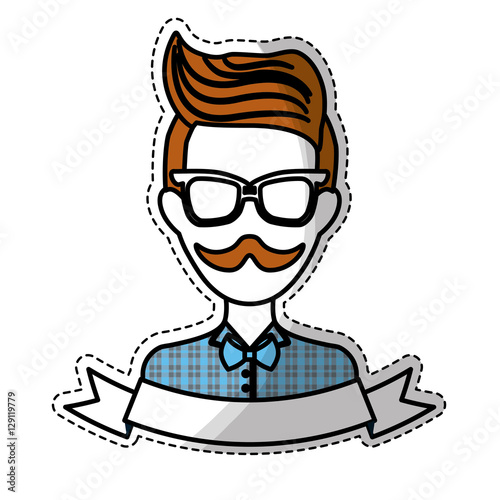sticker of man face with mustache and glasses and decorative ribbon over white background. hispter style concept. colorful design. vector illustration