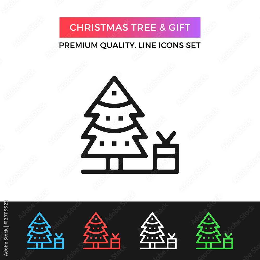 Vector Christmas tree and gift icon. Thin line icon Vector Christmas tree and gift icon. Thin line icon