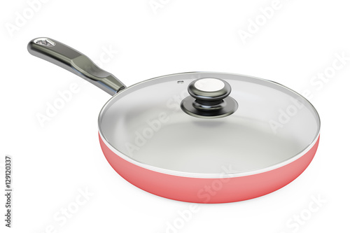 ceramic frypan with glass cover, 3D rendering photo