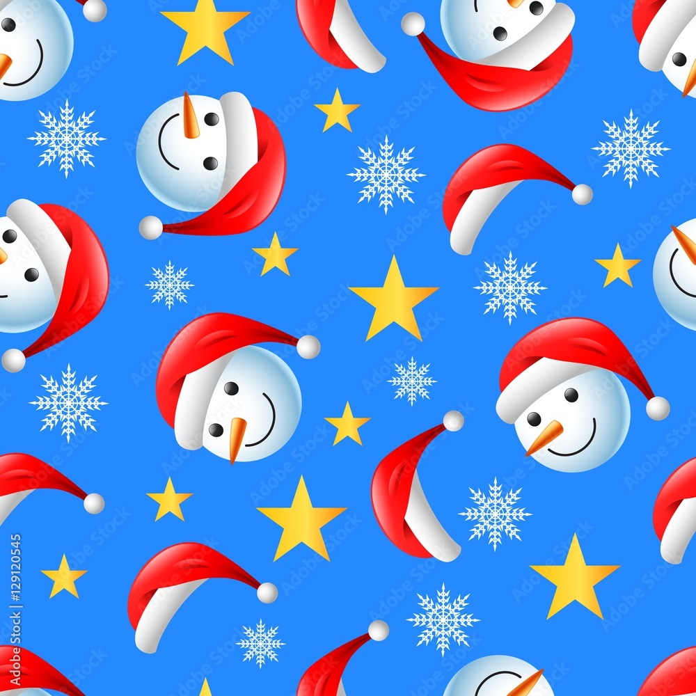 Christmas seamless pattern with happy snowman and flakes on blue background. vector illustration Christmas seamless pattern with happy snowman and flakes on blue background. vector illustration