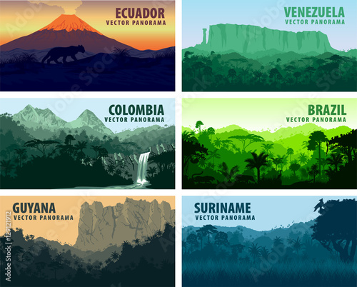 vector set of panorams countries South America - Venezuela, Brazil, Suriname, Ecuador, Colombia, Guyana