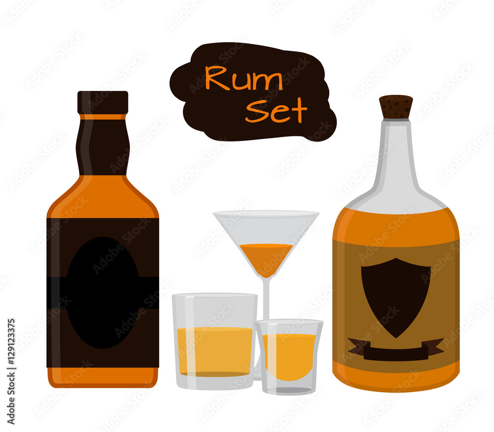 Flat rum set. Alcohol drink, glasses, shots, bottles of rum.