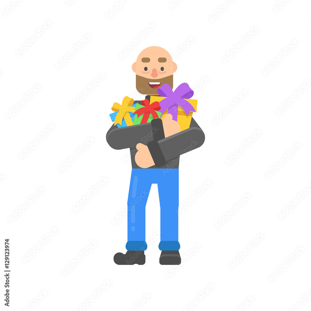 Funny christmas character with beard, with Christmas gifts in flat style. Vector christmas hipster man for web.