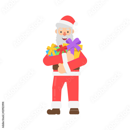 Funny christmas character santa with  Christmas gifts in flat style. Vector christmas cheerful Santa claus for web.