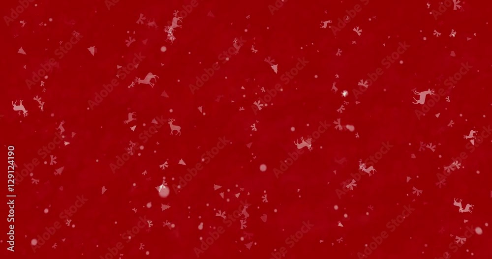 Red animated Christmas background with dears, caps, ribbons and balls
