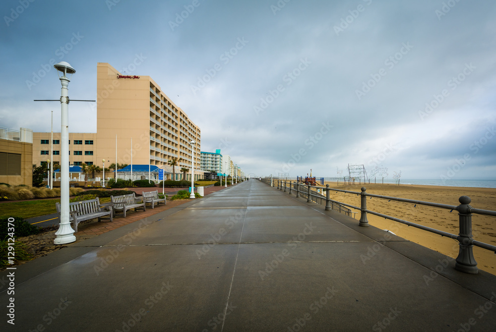 The boardwalk and highrise hotels in Virginia Beach, Virginia.