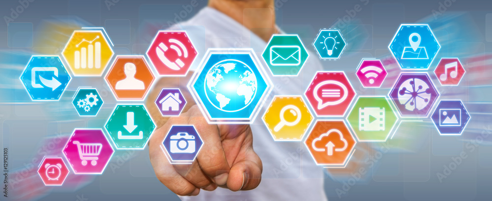 Businessman using digital tactile icons screen Businessman using digital tactile icons screen