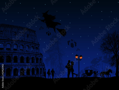 Canvas Print People at night in Rome with witch Befana sitting on a broomstick