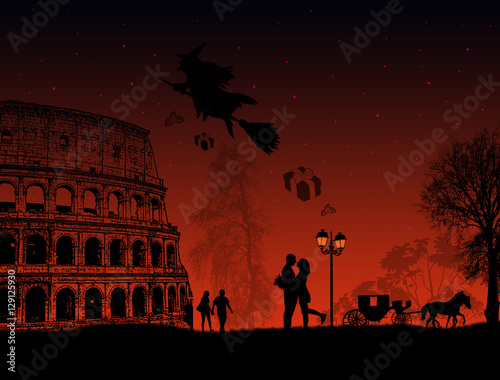 People at night in Rome with witch Befana sitting on a broomstick