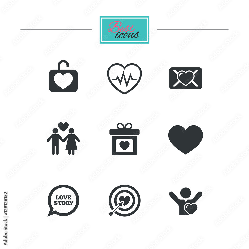 Love, valentine day icons. Target with heart, oath letter and locker symbols. Couple lovers, heartbeat signs. Black flat icons. Classic design. Vector