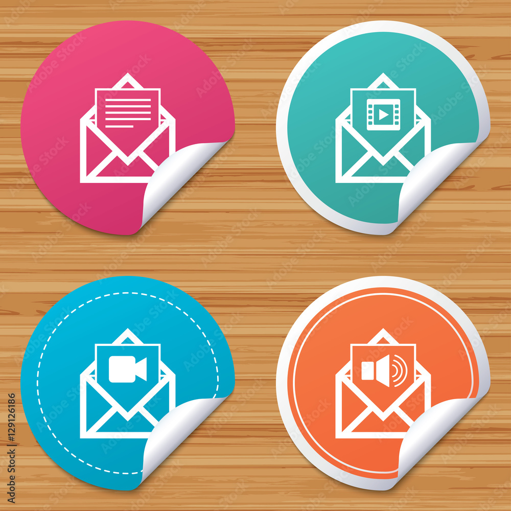 Round stickers or website banners. Mail envelope icons. Message document symbols. Video and Audio voice message signs. Circle badges with bended corner. Vector Round stickers or website banners. Mail envelope icons. Message document symbols. Video and Audio voice message signs. Circle badges with bended corner. Vector