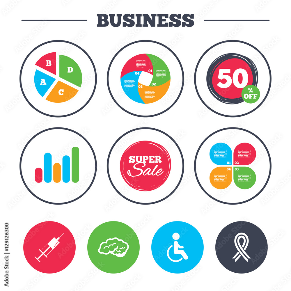 Business pie chart. Growth graph. Medicine icons. Syringe, disabled, brain and ribbon signs. Breast cancer awareness symbol. Handicapped invalid. Super sale and discount buttons. Vector Business pie chart. Growth graph. Medicine icons. Syringe, disabled, brain and ribbon signs. Breast cancer awareness symbol. Handicapped invalid. Super sale and discount buttons. Vector