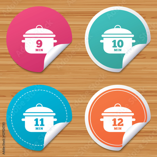Round stickers or website banners. Cooking pan icons. Boil 9, 10, 11 and 12 minutes signs. Stew food symbol. Circle badges with bended corner. Vector