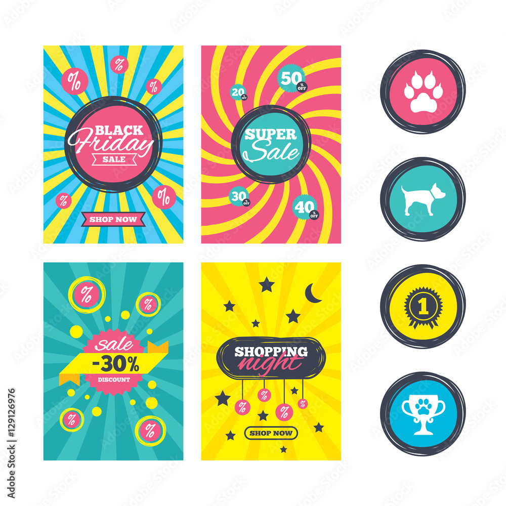 Sale website banner templates. Pets icons. Cat paw with clutches sign. Winner cup and medal symbol. Dog silhouette. Ads promotional material. Vector