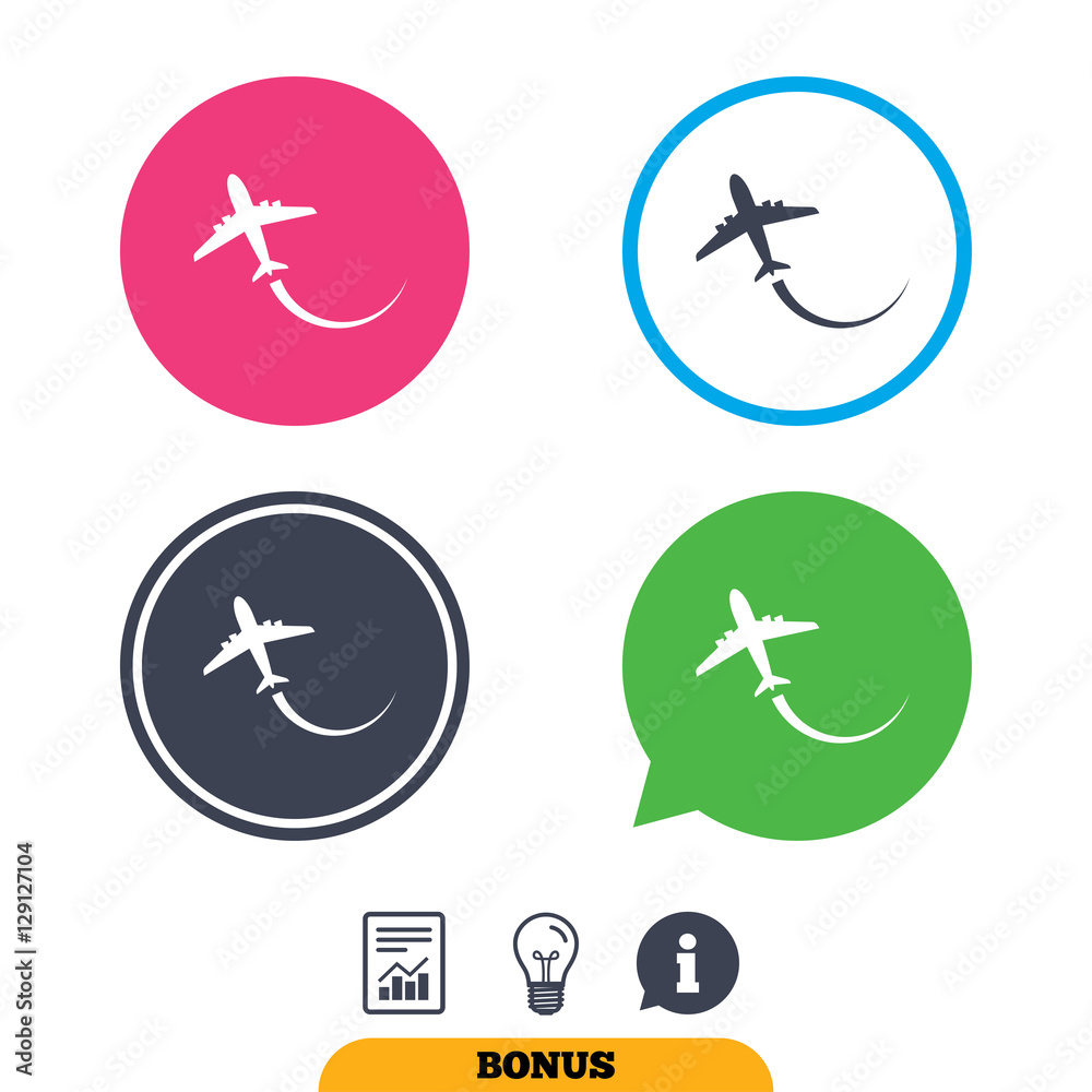 Airplane sign icon. Travel trip symbol. Report document, information sign and light bulb icons. Vector Airplane sign icon. Travel trip symbol. Report document, information sign and light bulb icons. Vector