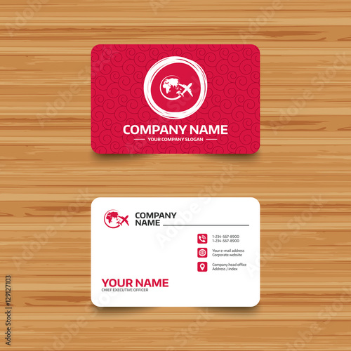 Business card template with texture. Airplane sign icon. Travel trip round the world symbol. Phone, web and location icons. Visiting card  Vector