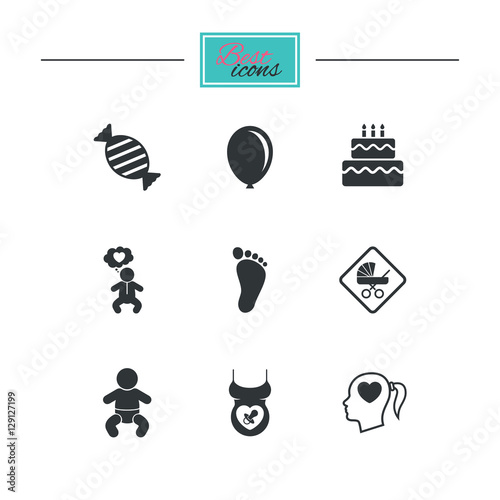 Pregnancy, maternity and baby care icons. Candy, strollers and pacifier signs. Footprint, birthday cake and heart symbols. Black flat icons. Classic design. Vector
