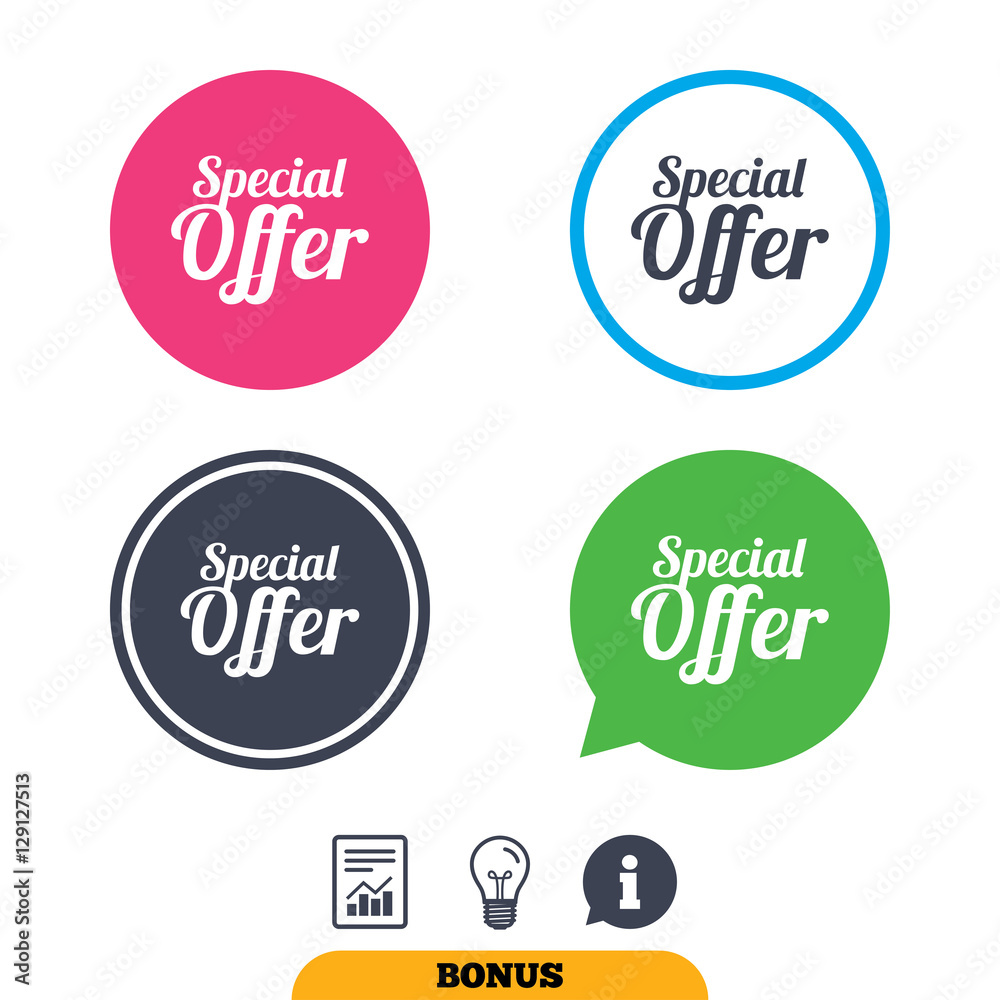 Special offer sign icon. Sale symbol. Report document, information sign and light bulb icons. Vector Special offer sign icon. Sale symbol. Report document, information sign and light bulb icons. Vector