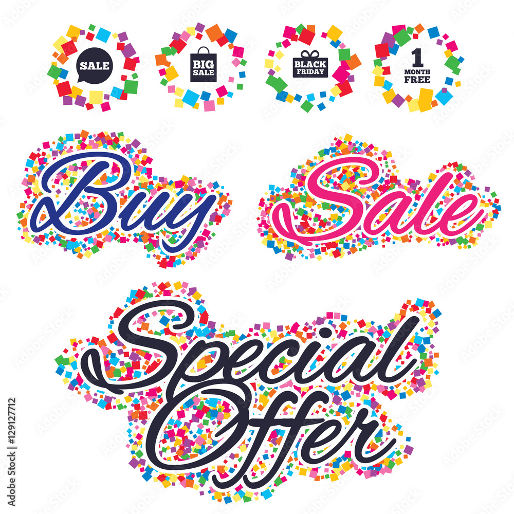 Sale confetti labels and banners. Sale speech bubble icon. Black friday gift box symbol. Big sale shopping bag. First month free sign. Special offer sticker. Vector