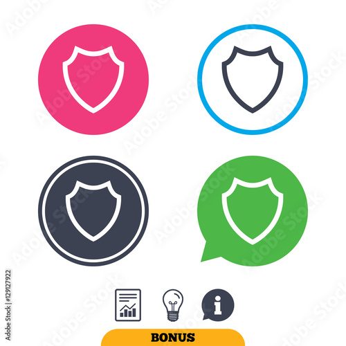 Shield sign icon. Protection symbol. Report document, information sign and light bulb icons. Vector