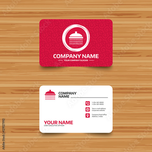 Business card template with texture. Shower sign icon. Douche with water drops symbol. Phone, web and location icons. Visiting card  Vector