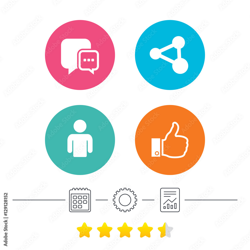 Social media icons. Chat speech bubble and Share link symbols. Like thumb  up finger sign. Human person profile. Calendar, cogwheel and report linear  icons. Star vote ranking. Vector Stock Vector | Adobe